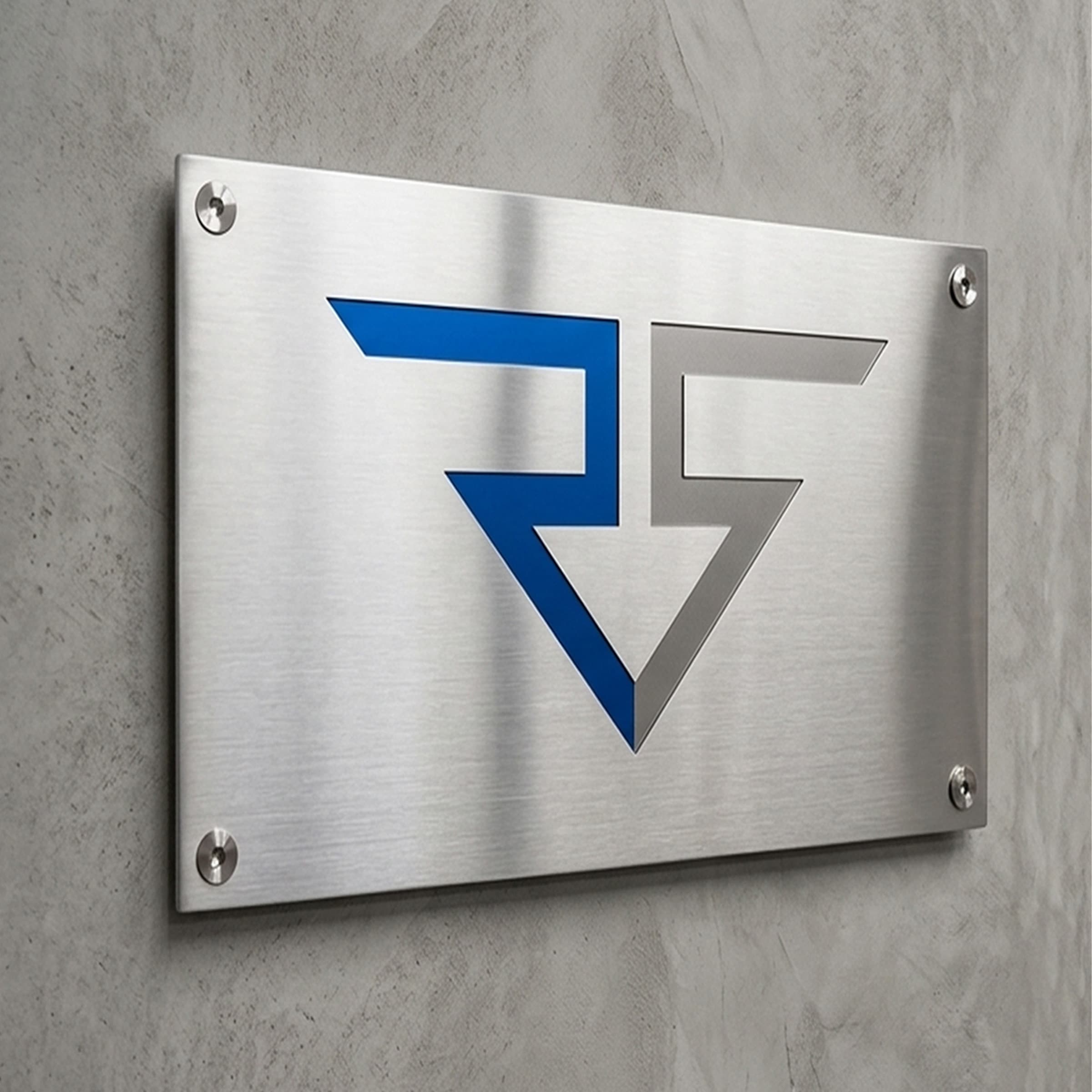 Brushed steel RS sign mounted on concrete